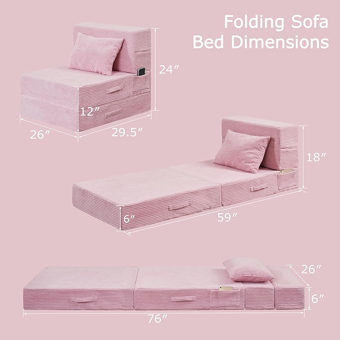 HILERO Folding Sofa Bed, 4 in 1 Convertible Sleeper Chair with Pillow, Single Memory Foam Fold Out Chair Bed, Modern Floor Futon Sofa Couch Mattress for Living Room/Guest/Apartment, Pink