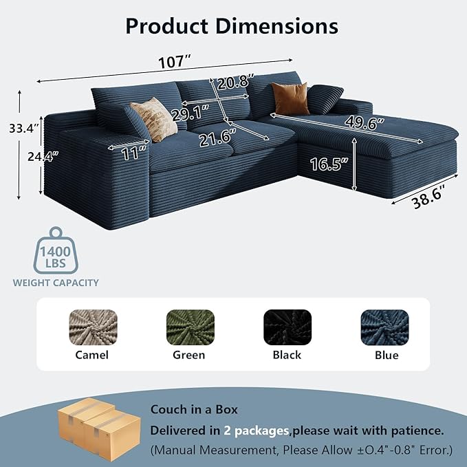 107" Cloud Sectional Couch with L-Shape Chaise, Modern Corduroy Viral Boneless Sofa for Living Room,Memory Foam Couches in a Box with Deep Seat,No Assembly Required (Blue,Right-Facing Chaise)