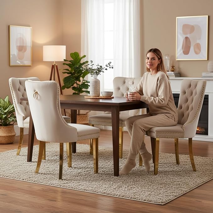 YeahFurn Mid Century Modern Dining Chairs Set of 2, Beige Velvet Upholstered Tufted Back, Kitchen & Dining Room Chairs, Gold Metal Legs, Nailhead Trim, Sillas para Comedor (Beige, 2 Pcs)