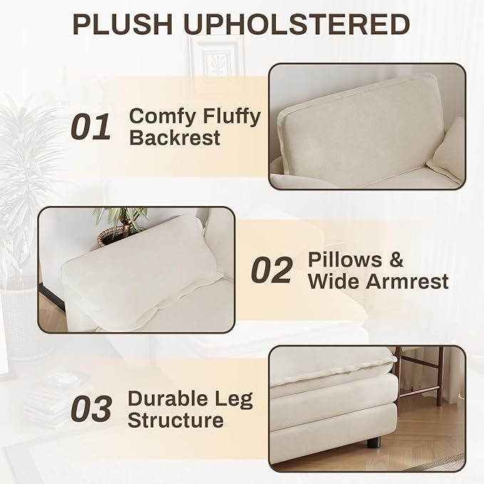 DAMAIFROM Oversized Chaise Lounge Chair Indoor with Ottoman, Firm Solid Wood Frame with Long Service Life Chenille Oversized Lounge Reading Chair for Study Room - Beige White