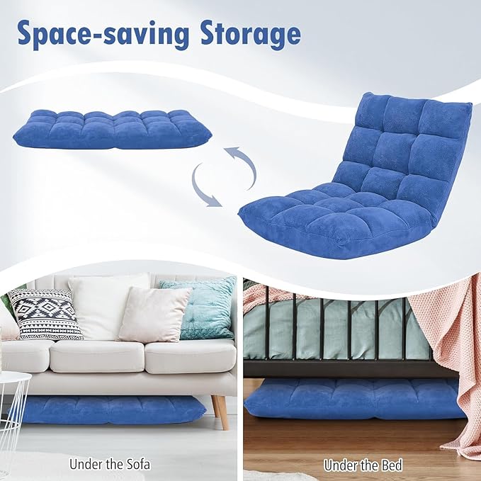 KOMFOTT 14-Position Adjustable Floor Chair with Back Support - Folding Padded Gaming Sofa Chair for Reading, Meditation, Living Room Lazy Lounge, Video Gaming - Blue