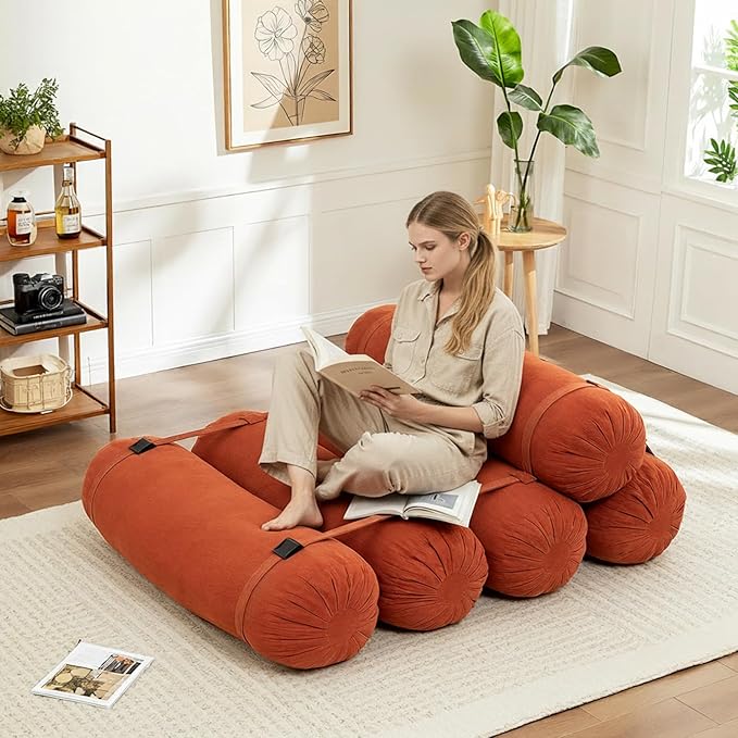 Ekskiei Bean Bag Sofa, Corduroy Sectional with Connecting Straps, Flexible Floor Seating, Soft Foam Filled Lounger, Non-Removable Cover, Reconfigurable Design,Living Room,Bedronm&Offices,Orange