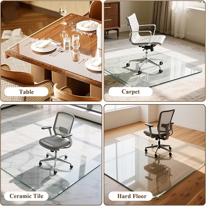 VETROUVE Chair Mat for Carpet 46" x 55" Tempered Glass Floor Mat on Carpet or Hard Floor with 4 Anti-Slip Pads, 1/5" Thick
