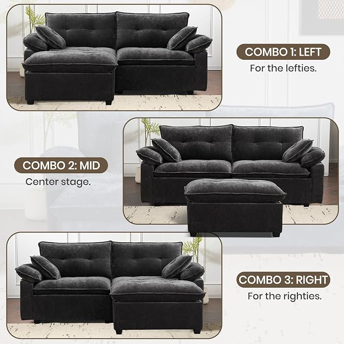 PALLOME 82" Deep Seat Comfy Cloud Couch, Modular Sectional Sofa with Movable Ottoman, L Shaped Chenille Sofa for Small Space, Modern Apartment Living Room & Office (Grey, 2-Seat + Ottoman)