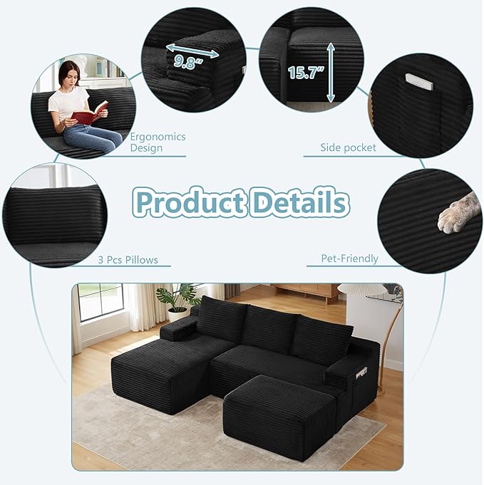 96" W Cloud Sectional Couch with Ottoman,Modern U-Shaped Cloud Couch with Side Pockets,Comfy Corduroy 3-Seater Sofa,Memory Foam Sofa for Living Room,No Assembly (Black,Left-Facing Chaise)