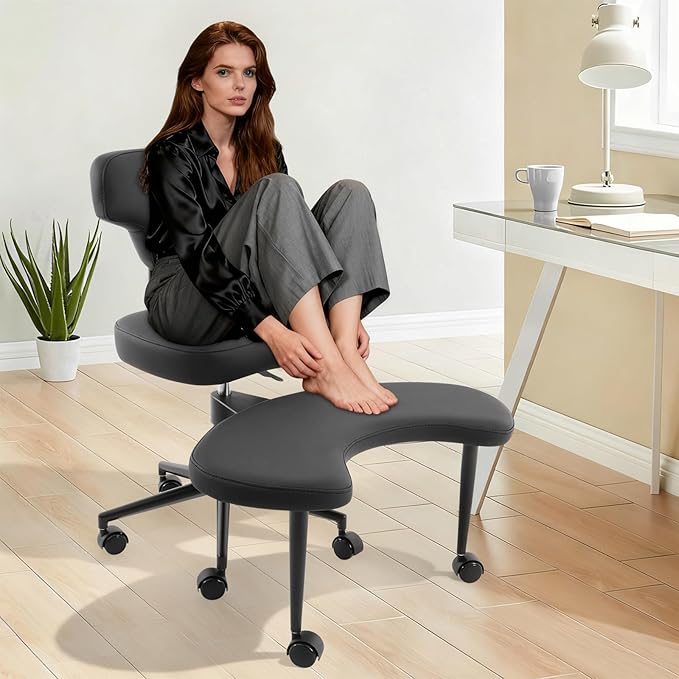 Ergonomic Floor Chair, Cross Legged Desk Chair with Back Support, 360 Swivel Kneeling Chair Adjustable Height, 286lbs Kneeling & Regular Seating for Home Office (Black)