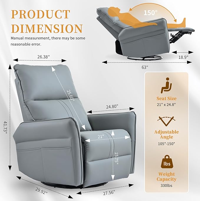 QKFF Glider Chair for Nursery, 360° Swivel Rocker Recliner with Side Pocket, Leather Manual Rocking Chair for Living Room, Bedroom, Small Spaces