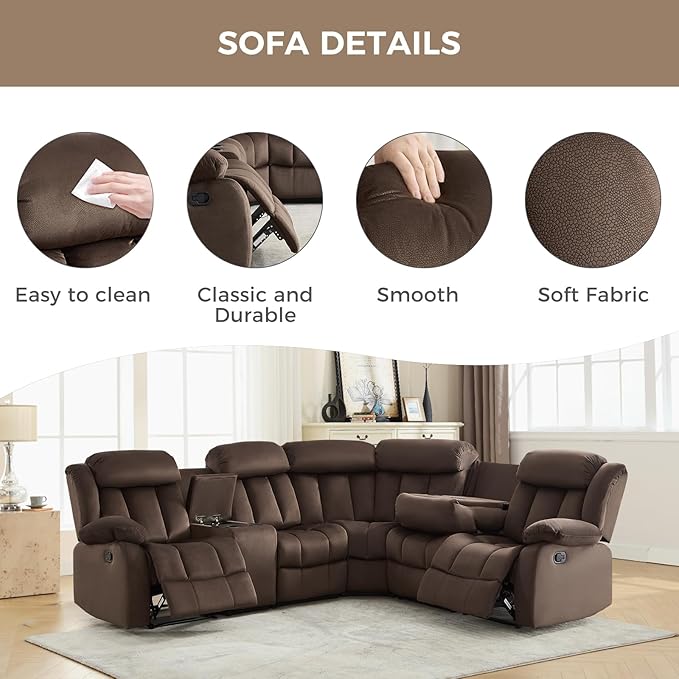 EBELLO Manual Reclining L-Shaped Sectional Sofa Set, Soft Fabric Corner Couch with Center Console, Cup Holders and Storage – Perfect Living Room Home Set Furniture