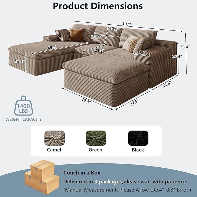 107" Cloud Sectional Couch with U-Shaped Chaise,Corduroy Viral Boneless Sofa with Ottoman,Memory Foam Couches in a Box with Deep Seat for Living Room,No Assembly Required (Camel,Left-Facing Chaise)