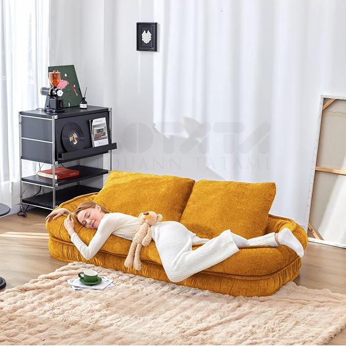 LouannTatami Foldable Lazy Sofa Bed Floor Chair - Adjustable Human Dog Bed for Adults Kids Floor Seats - Cozy Small Couch for Home Living Room (Yellow)