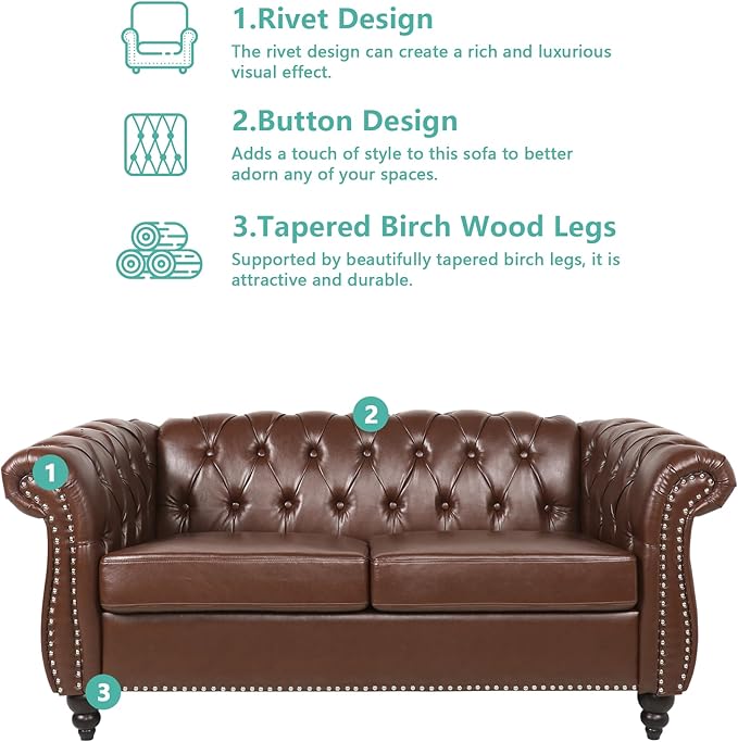 QHITTY Chesterfield Loveseat, Accent Sofa Modern Leather Couch Upholstered Sofa with Tufted Back for Living Room Furniture (Dark Brown)