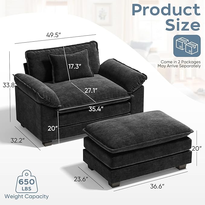 CDCASA 50'' Oversized Chair with Movable Ottoman, Chenille Comfy Cloud Sofa Accent Chair w/Large Seat and Armrests, Modern Extra Wide Armchair Reading Chairs for Living Room, DIY Combination, Black