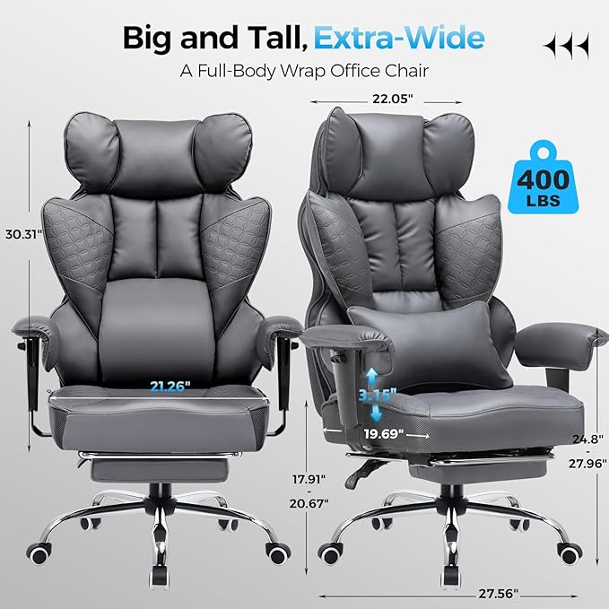 COMHOMA Desk Office Chair 400LBS Big and Tall Office Chair Ergonomic Gaming Chair with Wide Seat Leather High Back Chair with Foot Rest Adjustable Armrests Pocket Spring Lumbar Support