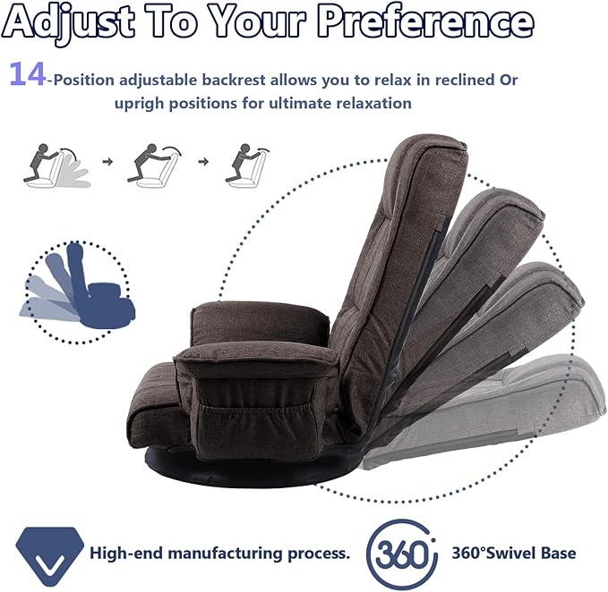 360 Degree Swivel Floor Chairs for Adults, Gaming Floor Chair with Back Support, 14 Angles Adjustable Comfortable Floor Lounge Chair Folding Video Game Chairs Office Bedroom 201 (Brown)