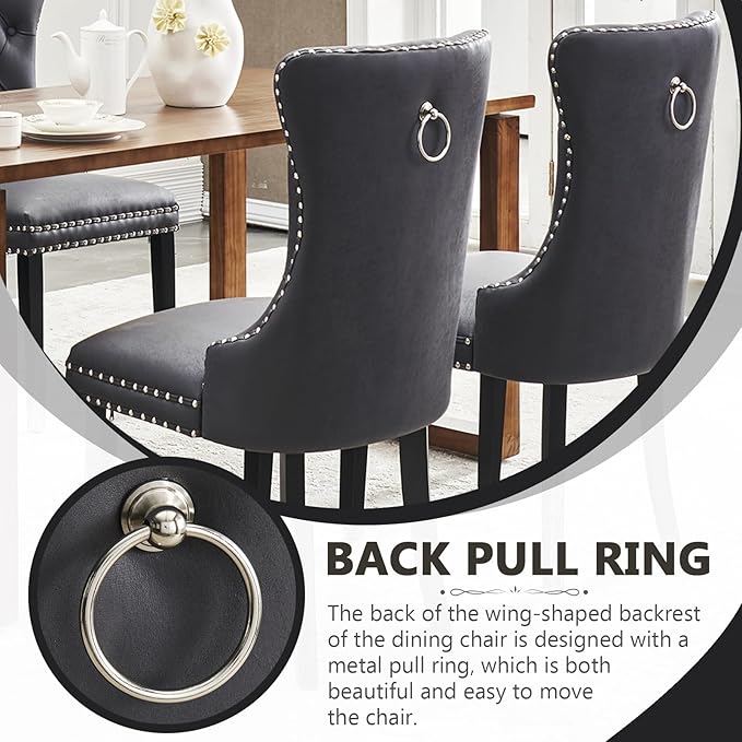 Kiztir Leather Dining Chairs Set of 2, Upholstered Dining Chair with Nailhead Trim and Solid Wood Legs, Luxury Wingback Dining Side Chair for Living Room, Bedroom, Kitchen (Black)
