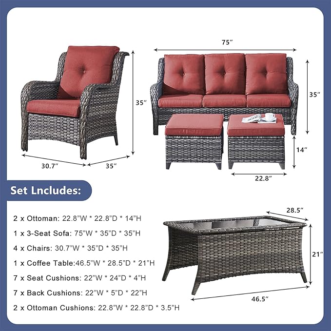 Rilyson Wicker Patio Furniture Chairs Set - 8 Piece Rattan Outdoor Patio Sectional Conversation Sets with Sofa,4 Armrest Chairs,1 Coffee Table and 2 Ottomans for Porch Deck Garden(Mixed Grey/Red)
