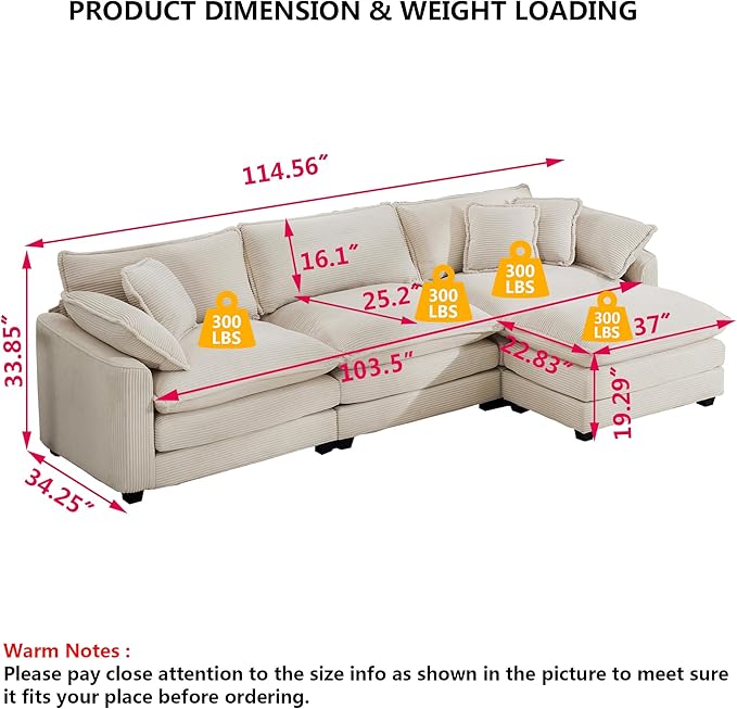 Aoowow Corduroy 3 Seater Cloud Couch with Ottoman,Modern Cloud Couches for Living Room,Modular Sectional Cloud Sofas with Deep Seat,Oversized Tufted L-Shaped Sofa Set (Beige, 3 Seater + 1 Ottoman)