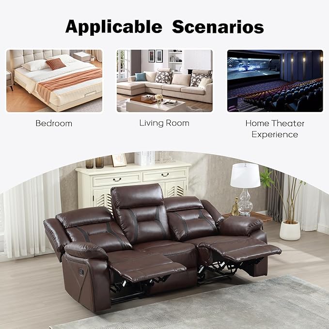EBELLO Faux Leather Manual Reclining Sofa, 3 Seat Recliner Sofa Chair, Couch Furniture for Living Room, Furniture, Meeting Room, Dark Brown (3 Seat Sofa)