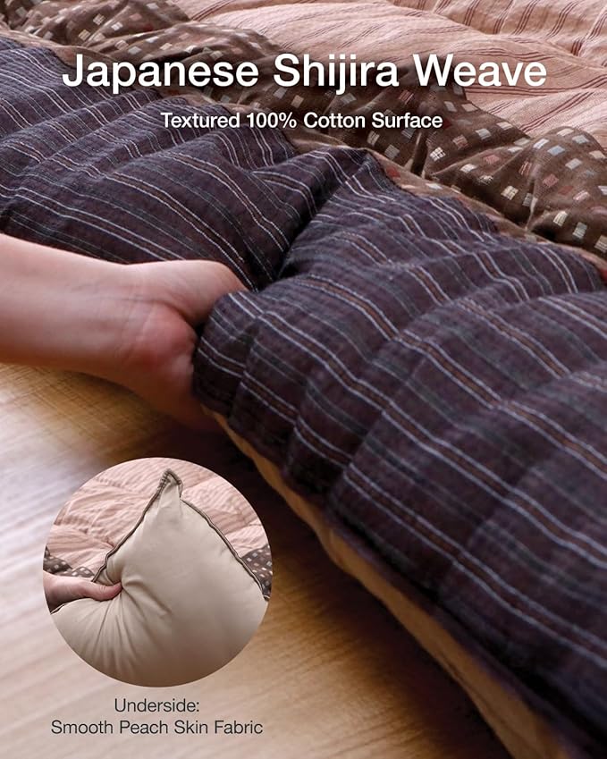 FULI Japanese Kotatsu Blanket, Warm Quilted Kotatsu Futon Comforter, 100% Cotton Top, Made in Japan, 81x96 in / 205x245 cm Rectangle (Brown)