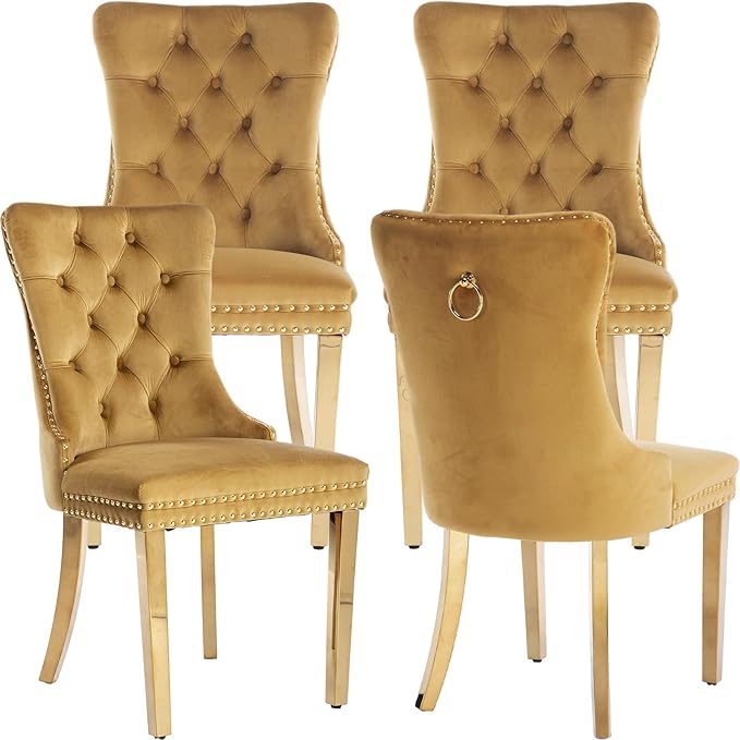 YeahFurn Mid Century Modern Dining Chairs Set of 4, Yellow Velvet Upholstered Tufted Back, Kitchen & Dining Room Chairs, Gold Metal Legs, Nailhead Trim, Sillas para Comedor (Yellow, 4 Pcs)