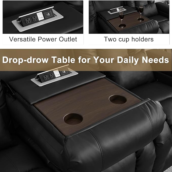 URRED Loveseat Recliner Sofa with Massage and Heat, Flip Middle Backrest Design 3 Seat Power Reclining RV Sofa Couch, Home Theater Seating with LED Lights, USB Ports, Outlets, Faux Leather, Black