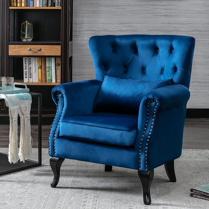DM Furniture Set of 2 Mid-Century Modern Accent Chair, Velvet Armchair w/Tufted Back/Wood Legs, Upholstered Lounge Arm Chair Single Sofa for Living Room Bedroom, Blue