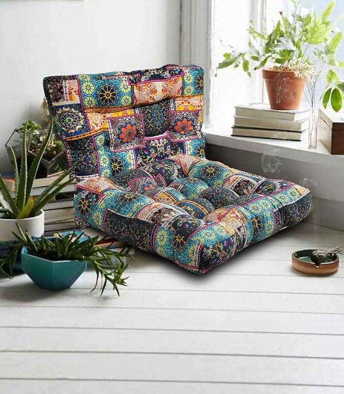 Boho Square Floor Seat Pillows Cushions 22" x 22", Soft Cotton Linen Bohemian Yoga Mandala Meditation Pouf Tatami Floor Pillow Cushion for Living Room Adults & Kids Casual Reading Nooks,Elephant B