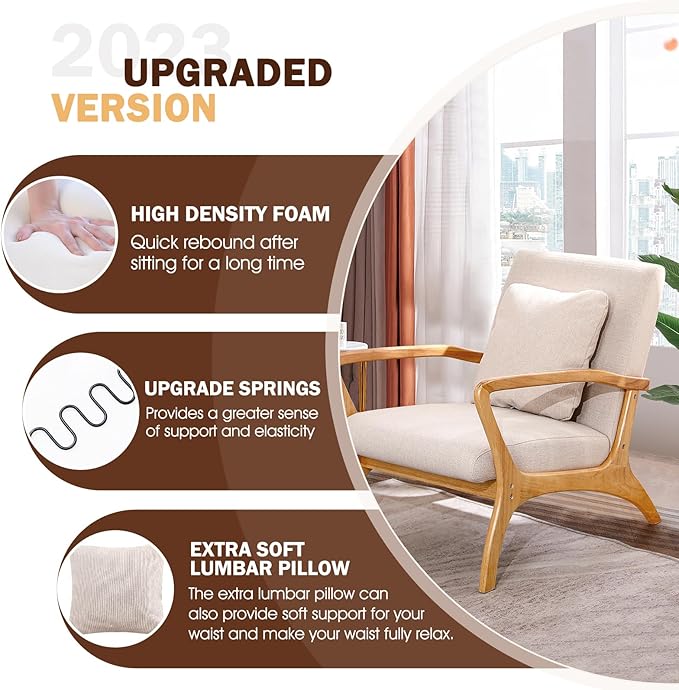 ELUCHANG Accent Chair with Lumbar Pillow,Mid-Century Modern Accent Chair Armchair, Linen Fabric Comfy Reading Chair Lounge Side Chair for Living Room Bedroom Apartment,Easy Assembly(Beige2)