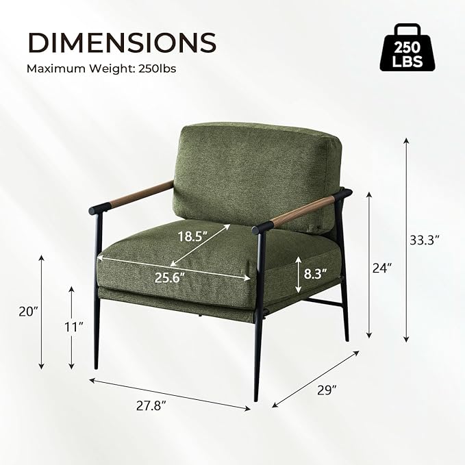 2PCS Green Accent Chair Set of 2 Chenille Mid Century Modern Armchair with Upholstered Soft Cushion for Living Room,Lounge,Bedroom,Wood-Grain Metal Armrest Legs