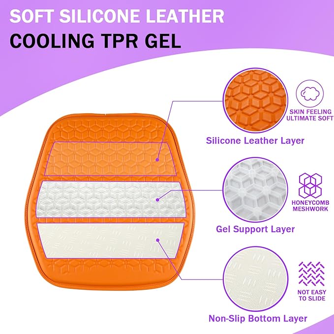 Binsheo Thin Gel Seat Cushion for Car Seat, Office Chair, Wheelchair, Golf Cart - Non-Slip Car Seat Cushions with 0.7 Inch Gel - Sciatica & Coccyx Pain Relief (Leather, Orange)