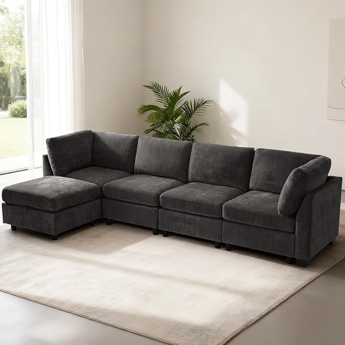 EDILLY 122 inches Oversized Modular Sectional Fabric Cloud Sofa, Extra Large L Shaped Couch Reversible Chaise Couch,4 Seat Modular Sofa with Storage Ottoman, Linen Grey