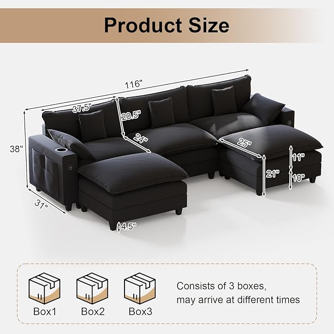 KCGKCG 116" Modular Sectional Sofa, U Shaped Cloud Couch with Movable Ottoman, Chenille Deep Seat Cloud Sofa with Charging Station, Cup Holder, Side Pocket, Sectional Couches for Living Room, Black