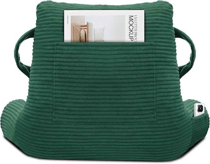ABROLOY Reading Pillow for Sitting in Bed Adult, Bed Reading Pillow with Shredded Memory Foam, Back Pillow for Sitting with Arms and Pockets, Green
