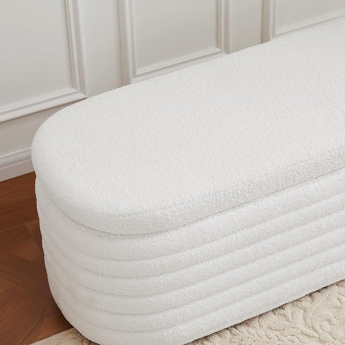 45 Inch Storage Ottoman Bench Upholstered Fabric Bedroom Benches, Modern Comfy End of Bed Stool for Living Room/Hallway/Entryway, Sherpa White
