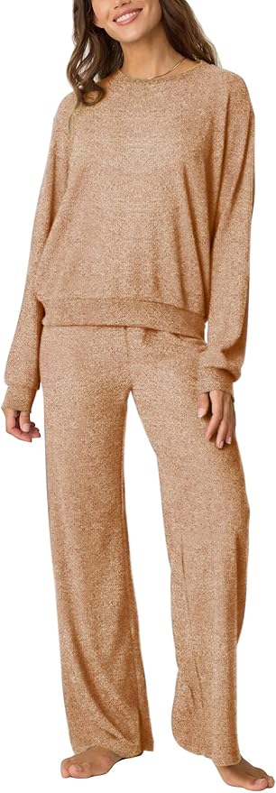 Aamikast Women's 2-Piece Lounge Set Soft Brushed Jersey Sleepwear Pajamas Set Long Sleeve Top & Wide Leg Pants