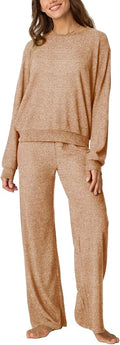 Aamikast Women's 2-Piece Lounge Set Soft Brushed Jersey Sleepwear Pajamas Set Long Sleeve Top & Wide Leg Pants