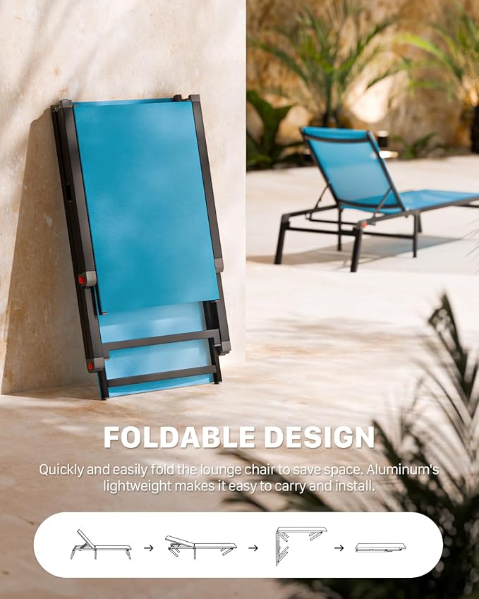 Aluminum Chaise Foldable Patio Lounge Chair Outdoor, Metal Deck Lounger Adjustable 5-Position Recliner Pool Chase Breathable Full Flat Outside Sun Tanning Chairs for Beach/Poolside/Lawn(Blue, 1 Pack)