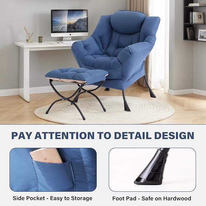 Tiita Lazy Chair with Ottoman, Blue Chairs Modern Large Accent Lounge Armchair, Comfy Leisure Sofa Reading Chair with Footrest for Bedroom, Living Room, Dorm Rooms, Garden and Courtyard, Blue