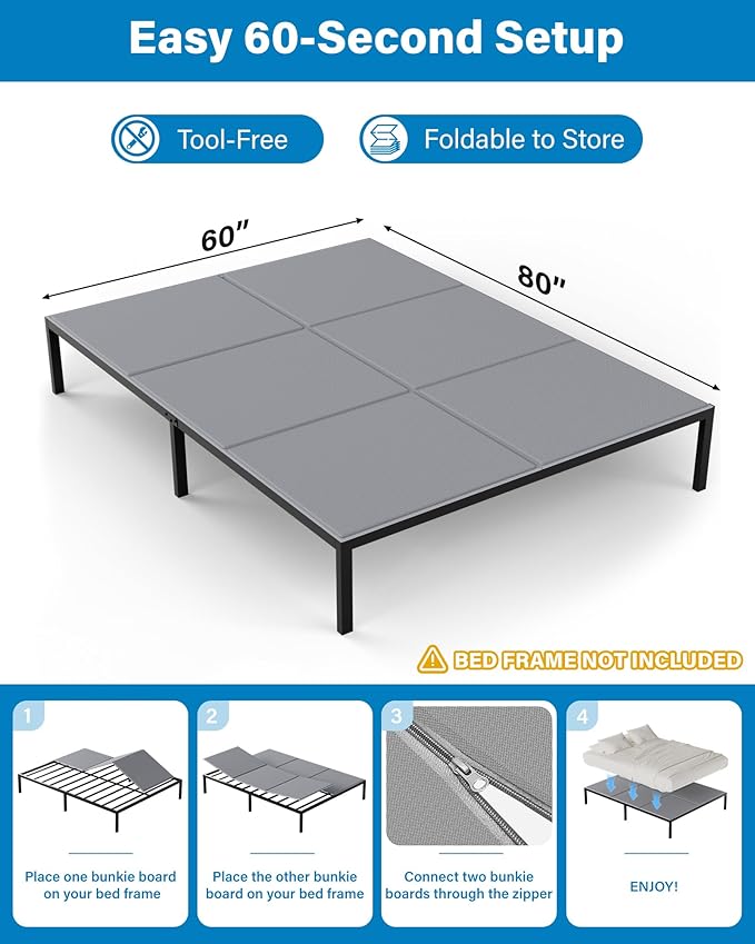 SAKSUN Bunkie Board Queen 60x80'' for Bedroom: Breathable & Moisture Resistant Boards for Mattresses - Heavy Duty Low Profile Queen Box Spring Supplement Bed Support Board, Noise Minimizing