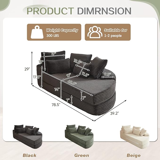 Antetek Chaise Lounge Chair Indoor, Convertible Folding Futon Sofa Bed w/ 5 Pillows, Fluffy Corduroy Boneless Compressed Memory Foam Couch for Living Room, Bedroom (Black, Right Half)