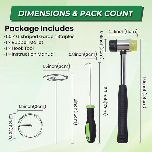 100pcs Landscape Fabric Pins, Heavy Duty Galvanized Landscape Staples Weed Barrier Stakes Lawn Staples with Staples Remover Mallet Yard Stakes Staples for Lawn Edging Ground Cover Outdoor Gardening