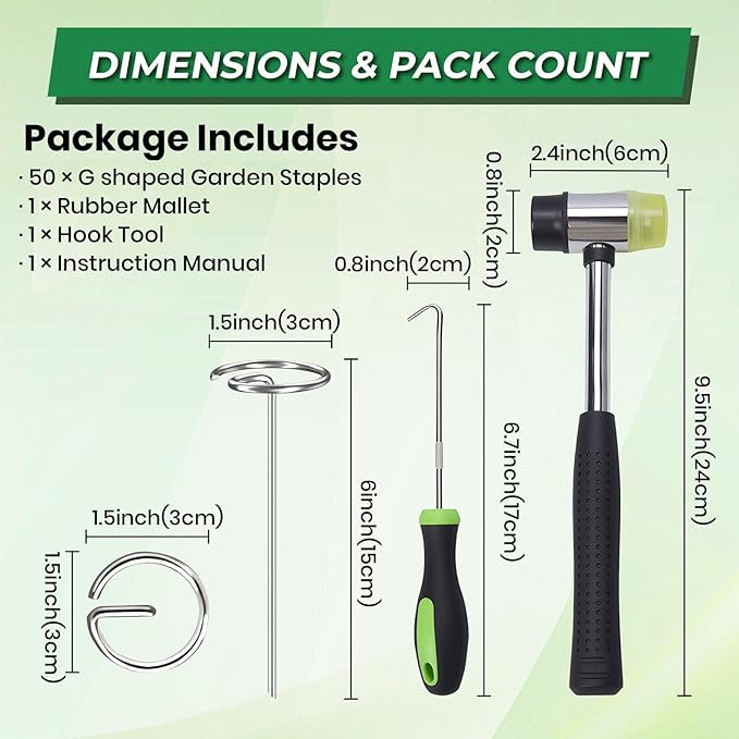 6 Inch Landscape Fabric Staples, 50Pcs Garden Stakes Galvanized +Pick Hook +Rubber Mallet, G Shaped Weed Barrier Stakes 11 Gauge Lawn Staples Landscape Pins for Yard, Sod, Weed Mat