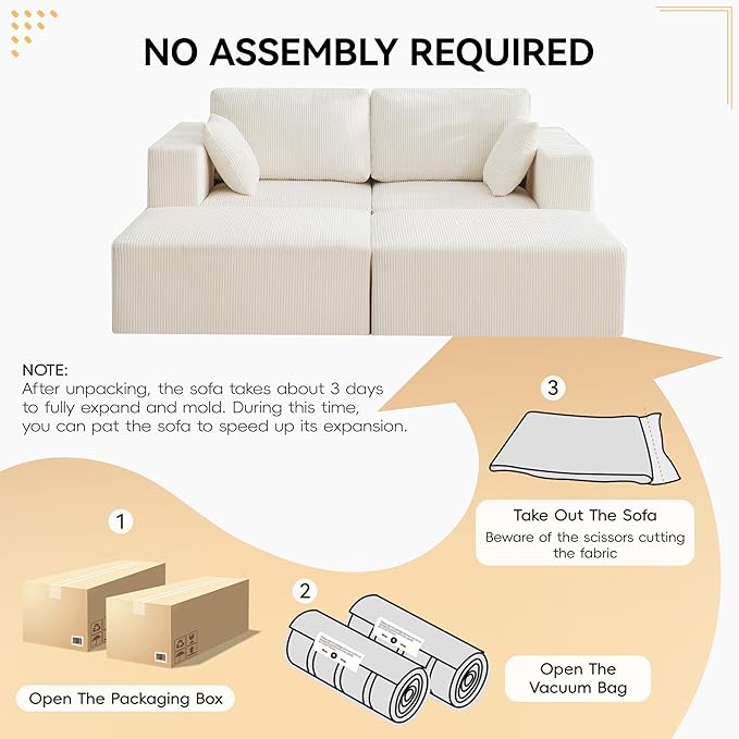 83'' Boneless Loveseat Sofa, Comfy Deep Seat Cloud Couch with 2 Moveable Ottoman, No Assembly Corduroy Love Seat for Living Room, Beige