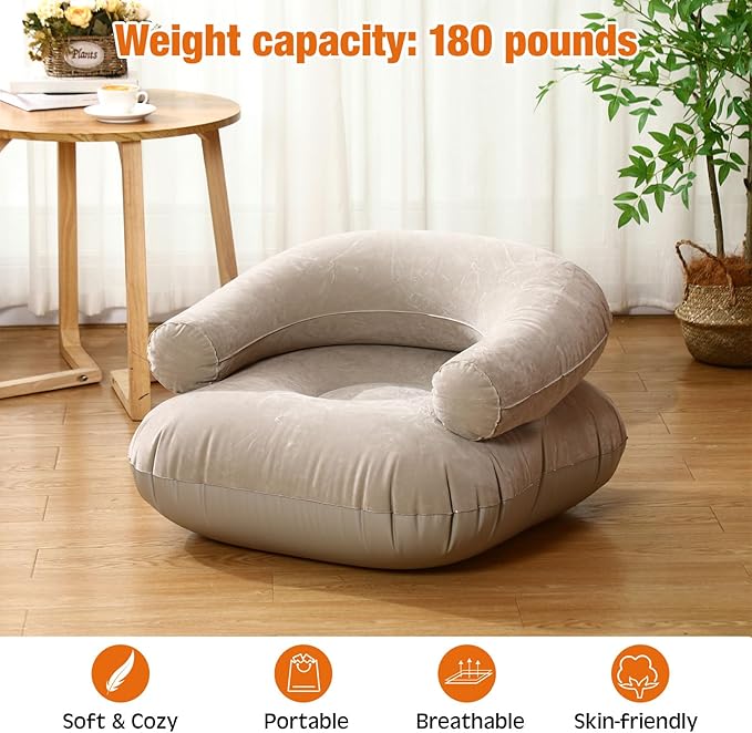 Threehoney 4 Pcs Inflatable Lounge Chair Deck Chair Lazy Sofa, Blow Up, Folding, Portable Couch for Home, Office Balcony, Floor Seating (Beige)