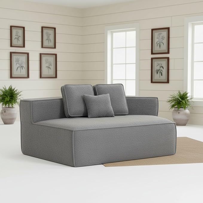 EPOFIT 1-Seater Teddy Fleece Modular Sofa Chair, Low-Profile Floor Seat with Wide Cushion and All-Foam Support, Left-Facing Design, Compressed Packaging – Blue Gray
