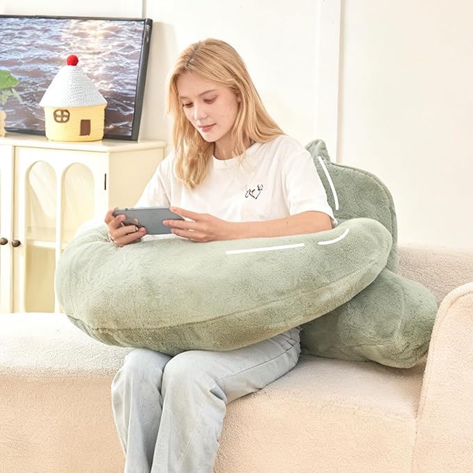 PAJEO Reading Pillow for Bed,U Shaped & Back Support Pillow for Bed,17" Backrest with Lumbar & Arm Support,Luxurious Faux Rabbit Fur,Gaming PillowFor Crochet/Reading/Watching TV,Green