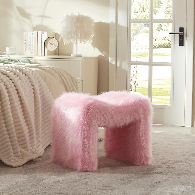 Vanity Stool Chair Small Footstool Ottoman Faux Fur Seating Backless Modern Foot Rest Ottoman Furry for Makeup Room Living Room Bedroom Entryway,Pink (Single 1)