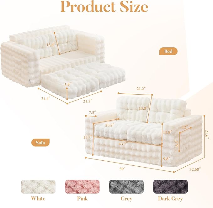 Hobestluk Sofa Couch Loveseat Sofa with Bubble Fabric 2-Seater Sofa for Small Spaces Comfortable Foam Floor Sofa 2 in 1 Boneless Couch for Living Room Bedroom Apartment or Office (White, Loveseat)