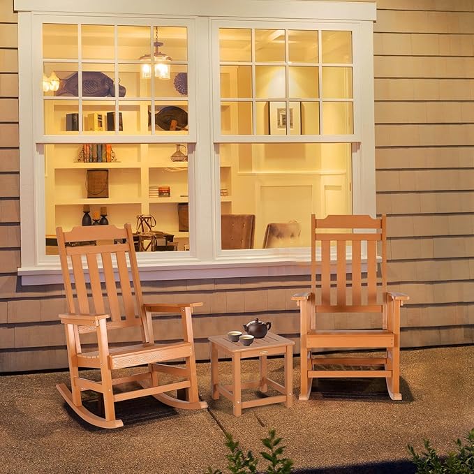 hOmeQomi Rocking Chair, All Weather Resistant Poly Lumber Outdoor Porch Rocker, Rocking Chairs for Outdoor, Indoor, Patio, Deck, Garden, Backyard, Load Bearing 380 lbs - Teak