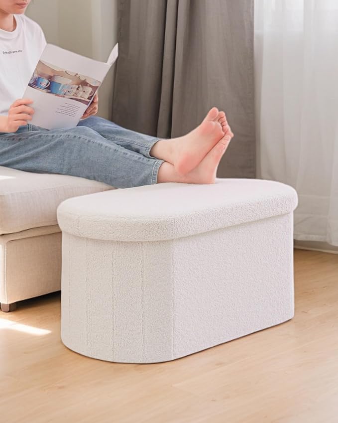 30" Oval Foldable Ottoman with Storage, Teddy Boucle Fabric Footrest, Storage Bench for Living Room, Bedroom, Entryway, Dorm, White